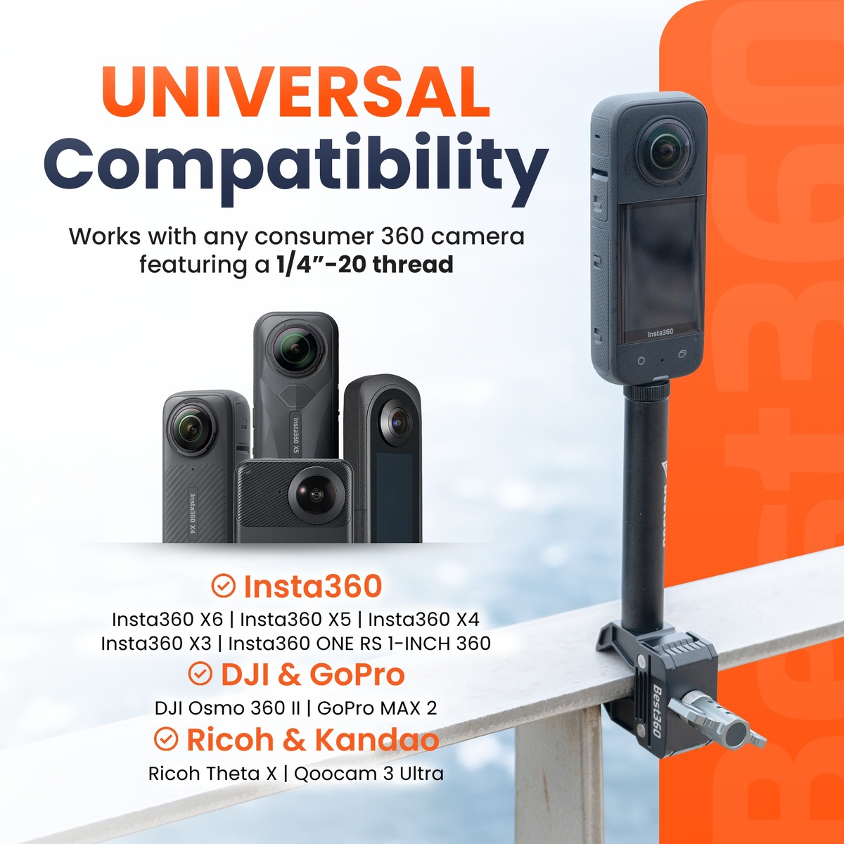 Best360 clamp works with Insta360, DJI, GoPro, Ricoh and Kandao 360 cameras