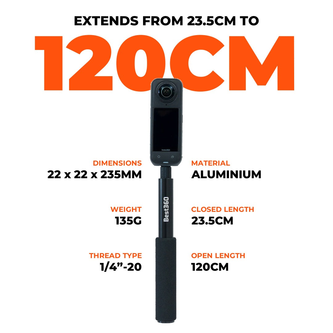 Insta360 camera on the Best360 120cm pocket selfie stick, with dimensions and specs