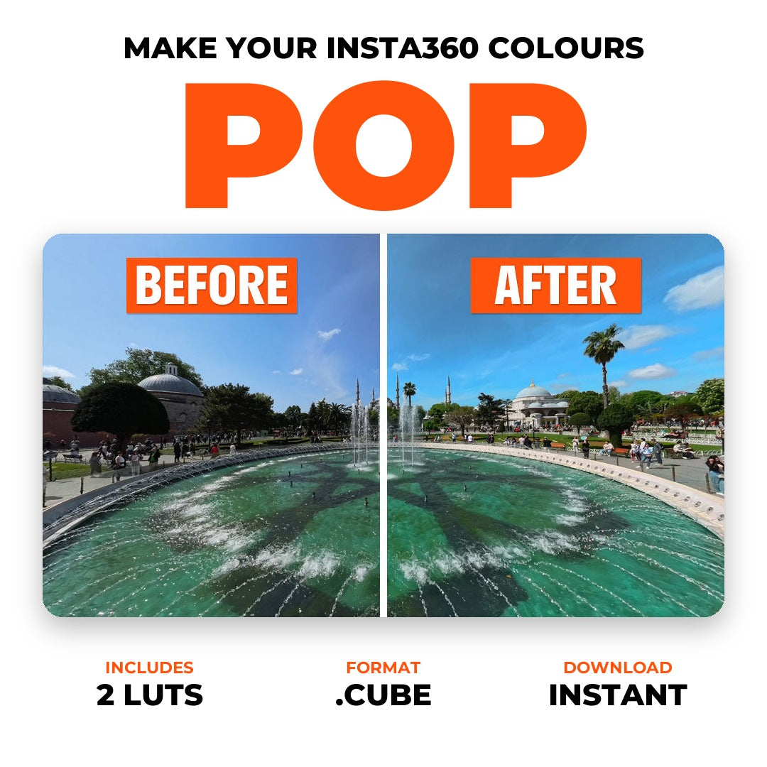 Best360 Colour Plus LUT before and after on Insta360 footage: 2 .cube LUTs, instant download