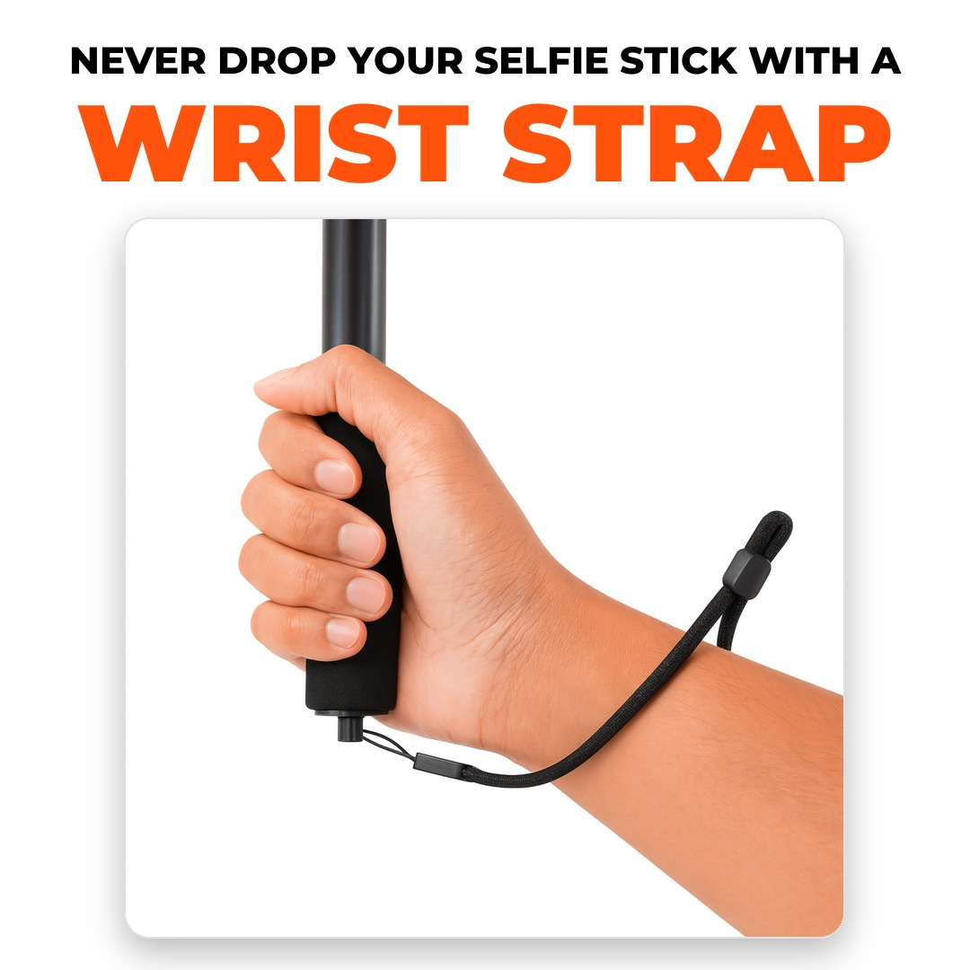 Best360 wrist strap screwed into the base of a selfie stick and looped around the wrist