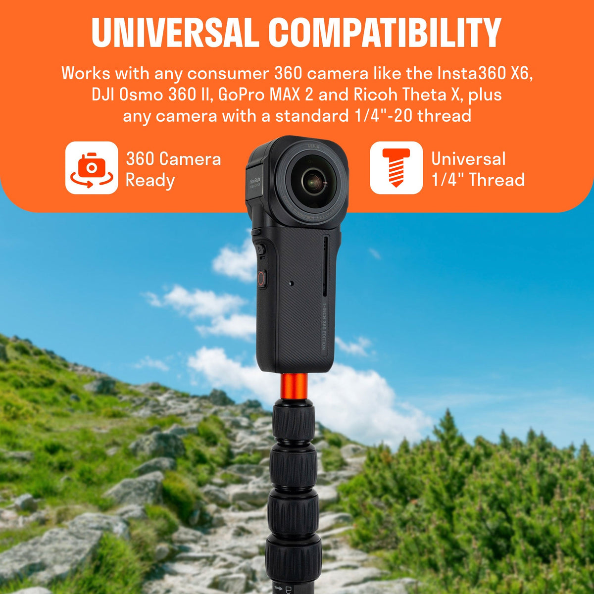 360 camera mounted on the Best360 Monopod Pro on a mountain trail, compatible with any 1/4"-20 camera