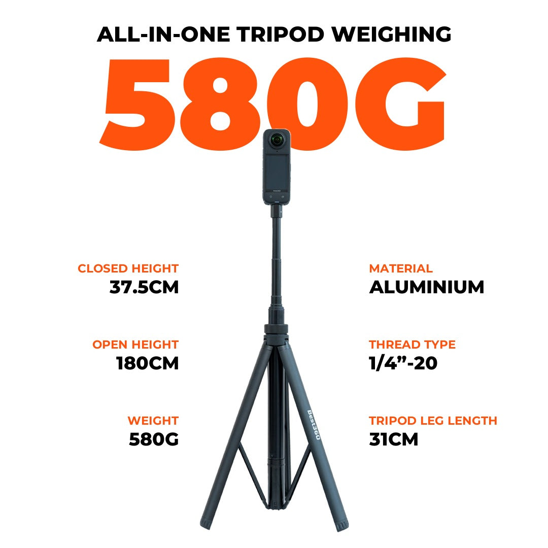 Best360 aluminium tripod holding a 360 camera, with dimensions and specs