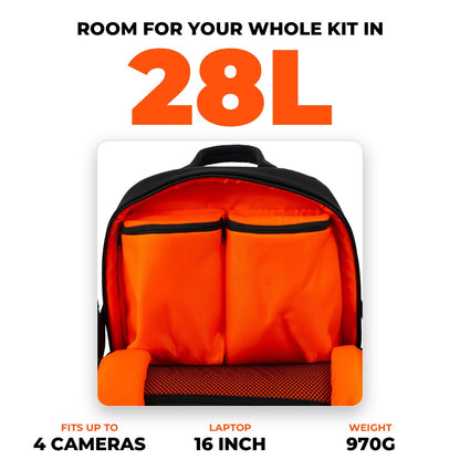 Inside the 28L Best360 Camera Backpack V3: fits up to 4 cameras and a 16-inch laptop, weighs 970g