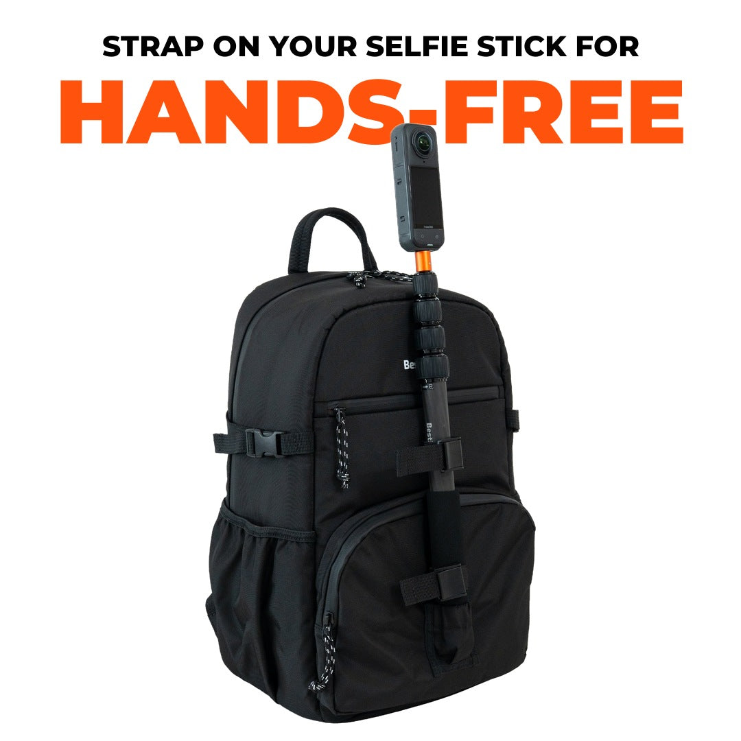 Best360 Camera Backpack V3 with a selfie stick and 360 camera strapped on for hands-free filming